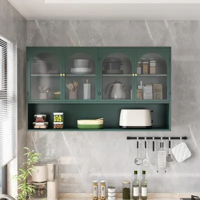 Productafbeelding van 120 cm brede wandkast met glazen deuren, 4 deuren, grijs glas, donkergroen