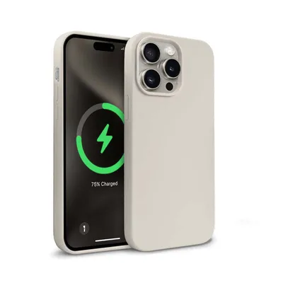 A smartphone with a case on it, showing the charging status on the screen.