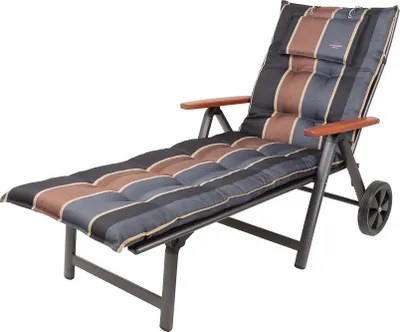 A striped chaise lounge chair with wooden armrests and wheels, shown against a white background.