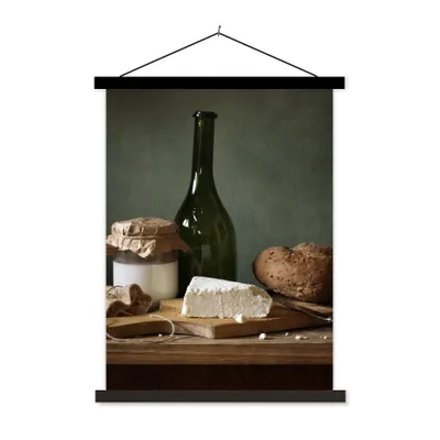 Produktbild von MuchoWow® Textilposter Rustikal - Brie - Stillleben - Flasche - Brot 40x53 cm mit schwarzem Rahmen - Abbildung