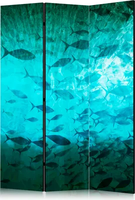 Produktbild von 3-teiliger Doppelseitiger Vlies Paravent - Underwater Paradise - Numerous Shoal of Fish in a Beautiful Turquoise-Blue Depth Illuminated by Sunlight 135x172 cm Tiere g-C-10160-z-a