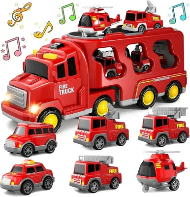 Obrázek produktu pro Hračkářské hasičské auto, transportér pro auta 7 v 1, 6 malých vozidel, zvukové a světelné efekty, pro děti ve věku 3-7 let