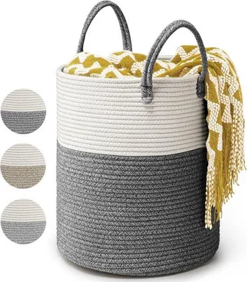 Produktbild von Famanu Aufbewahrungskorb Große Wäschekorb aus Baumwollseil 39L - D35 x H40 CM - Geflochtene Handgriffe Faltbarer Wäschekorb - Dunkelgrau