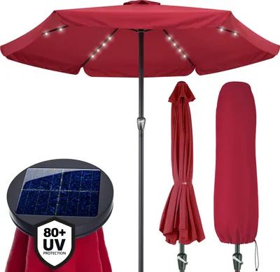 Image de KINGSLEEVE® Parasol de jardin extérieur LED solaire 330cm rouge Pare-soleil en aluminium avec manivelle Protection UV 80+