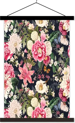 Produktbild von MuchoWow® Textilposter Blumen - Muster - Rosa 60x90 cm mit schwarzem Rahmen - Poster Wohnzimmer