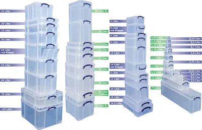 A collection of clear plastic storage boxes of various sizes stacked and arranged.