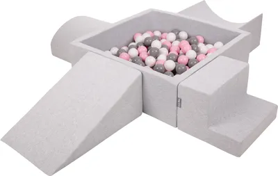 Produktbild von KiddyMoon spielplatz aus schaumstoff mit quadrat bällebad (200 bälle) ballgruben für babys spielbad hindernisläufen, hergestellt in der eu, hellgrau:weiß/grau/puderrosa