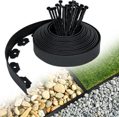 Obrázek produktu pro Flexibilní okrajové pásky z plastu QEENTOE, 20 metrů x 5 cm, s hřebíky pro ukotvení, vhodné k obehnání záhonů, jako bariéra proti kořenům, k obehnání dlažby, jako hraniční páska pro trávník, dekorativní, černá barva