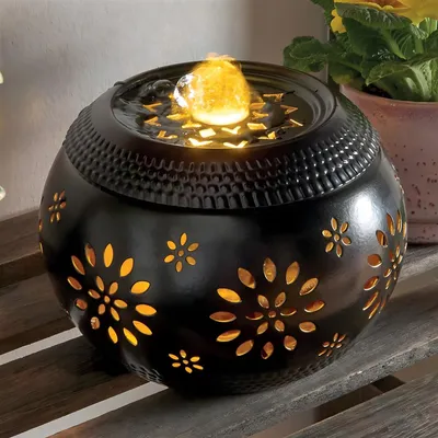 Produktbild von Tischbrunnen "Blüten" aus Metall, Brunnen mit LED Beleuchtung, Springbrunnen Ø 15 x 10 cm, Outdoor Gartenbrunnen