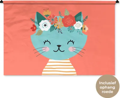 Produktbild von MuchoWow® Wandteppich Wandbehang Katze - Blumen - Rosa 150x100 cm Tapisserie Dekoration Wandtuch - Waschbar - Tapisserien - Wand-Decke
