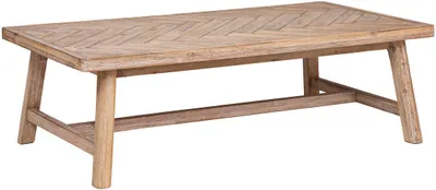 A wooden coffee table with a herringbone pattern on the tabletop, shown against a white background.