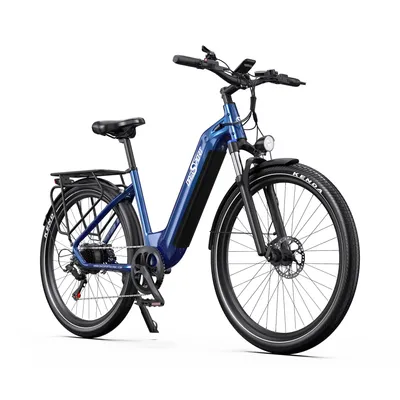 A studio shot of a blue electric bicycle against a white background.