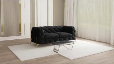 Produktbild von S-STYLE MÖBEL - Chesterfield Sofa 2-Sitzer Nova mit Goldene Metall Füßen aus Schwarz Samtstoff, B/T/H: 185 cm/ 100 cm/ 75 cm