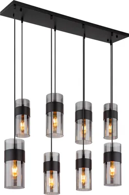 Produktbild von Globo Lighting Hängeleuchte Metall schwarz matt, Glas rauchfarben, Kabel Textil schwarz, Höhe kürzbar, LxBxH: 1020x280x1500mm, Glas-DM: 4 x 12,3 cm, 4 x 10,3 cm, exkl. 8x E27 60W 230V