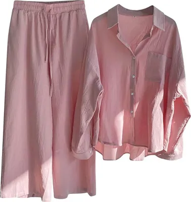 Obrázek produktu pro ASKSA Dámský kalhotový kostým mušelínová halenka Dvoudílné letní tričko s dlouhým rukávem Kalhoty s širokými nohavicemi Loungewear, růžová, vel: XL