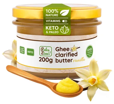 Immagine prodotto di PALCE LIZAĆ Burro chiarificato alla vaniglia 200 g | Ayurveda, senza lattosio, senza glutine | Burro chiarificato, solo da latte di vacche allevate al pascolo, cheto