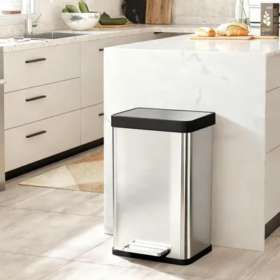 Produktbild von Mülleimer 60L Fußpedal Softclose, Treteimer Edelstahl fingerabdrucksicher, ohne Inneneimer, Silber | 44x36x66,5 cm | 5,2 kg