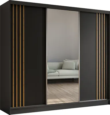 Produktbild von ALTDECOR Kleiderschrank mit Spiegel und Schiebetüren, kugelgelagerte Führungsschienen und Aluminium-Leisten - NALLA - 240 cm (Schwarz + Schwarz + Artisan)