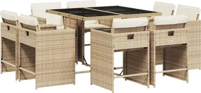 Produktbild von 9-tlg. Garten-Essgruppe mit Kissen Beige Poly Rattan