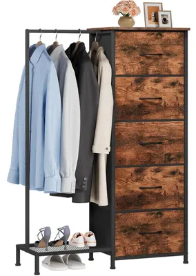 Productafbeelding van Kledingkast met 5 lades en een kledingstang, afmetingen 79 x 114,5 cm, met houtnerfmotief