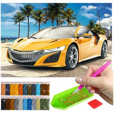 Produktbild von ARTULIO - Diamond Painting Set - Gelber Sportwagen am Strand - 60 x 40 cm - Groß XXL - Home Wand Deko, Komplettset Mosaik + Zubehör