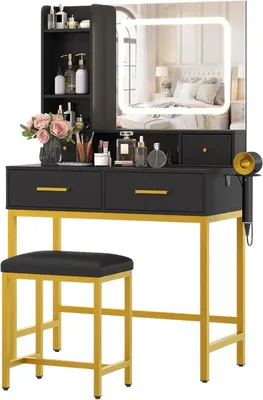 Image de Table de maquillage - Commode coiffeuse avec miroir LED - 3 modes d'éclairage réglables - Prises électriques et ports USB - 4 tiroirs et étagères ouvertes - Noir