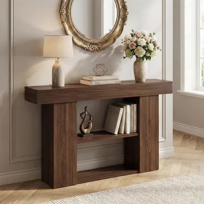 Image de Petite table d'appoint – Table d'appoint latérale – Table d'appoint – Bois de noyer – 130x30x76 cm – 3 tiroirs