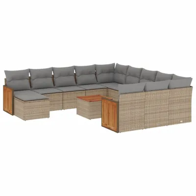 Produktbild von Garten-Sofagarnitur, 13-teilig, modulares Loungeset mit Stauraum, wasserabweisendem Beutel, Poly Rattan, Akazienholz, Beige/Hellgrau