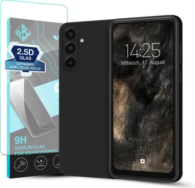 A black smartphone case and a screen protector are displayed next to each other on a white background.