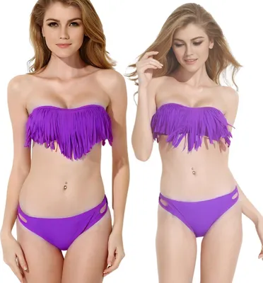 Zdjęcie produktu dla Komplet bikini bandeau z frędzlami strój dwuczęściowy kąpielowy fioletowy l Komplet bikini bandeau z frędzlami strój dwuczęściowy kąpielowy fioletowy L