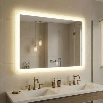 Produktbild von Badspiegel mit Beleuchtung 80x60cm LED Spiegel mit Uhr | Wandspiegel beschlagfrei,Touch-Schalter, 3 Lichtfarben dimmbar, Speicherfunktion, horizontal