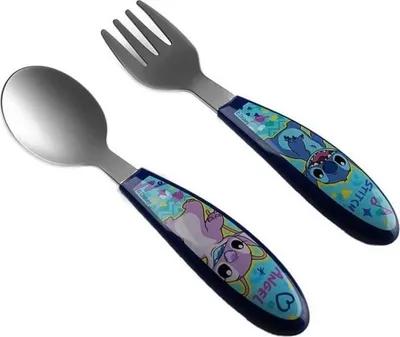 Zdjęcie produktu dla Zestaw 2 Sztućców dla Dzieci THERMOBABY LILO & STITCH, Widelec i Łyżka, Stal Nierdzewna, Ergonomiczny, Do Zmywarki
