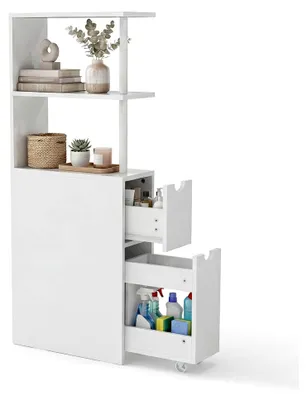 Produktbild von Schmaler Badezimmerschrank mit offenen Regalen und Schublade auf Rollen, freistehender Aufbewahrungsschrank für Küche und Wohnzimmer, Weiß