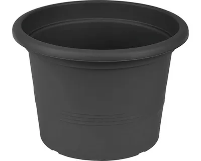 A dark gray plastic plant pot on a white background.