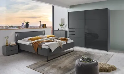 Produktbild von Schlafzimmer-Set >Tilburg< (5tlg.) Bett 168x92x210cm, Schrank, 2 Nachtkommoden, Sideboard, Grafit