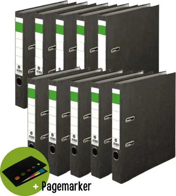 Produktbild von 10 x Ordner 50mm grüner Balken neutral A4 Wolkenmarmor schmal & Kantenschutz + Pagemarker