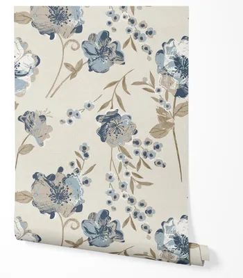 Produktbild von Selbstklebende Tapete Möbelfolie Blumen Blau Beige Tapete Floral Vintage Wohnzimmer Schlafzimmer Flur Elegante Wanddeko Natur Design Klassisch Modern Zarte Blüten Muster Landhaus Stil 2,5m x 0,5m