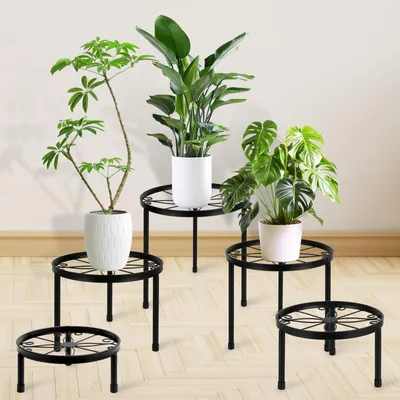 Productafbeelding van Set van 5 metalen bloemenstandaarden, plantenstandaarden voor bloempotten, bloemenkrukjes, plantenstandaarden voor de tuin, geschikt voor binnen en buiten, in de woonkamer, ronde bloempotstandaarden voor het balkon, decoratie voor huis en tuin – 5 verschillende maten