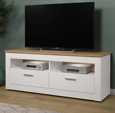 Obrázek produktu pro TV stolek se 2 zásuvkami a 2 otevřenými policemi, světlé dřevo a bílá povrchová úprava, šířka 148 cm - Stínidlo