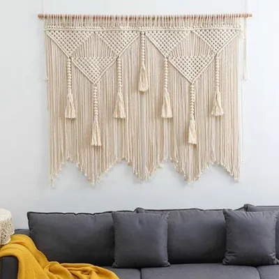 Productafbeelding van Ibenzoa® Macramé wanddecoratie, 120 x 100 cm, 100% katoen, beige – Boheems wandtapijt met franjes, geschikt voor woonkamer, slaapkamer, bruiloft