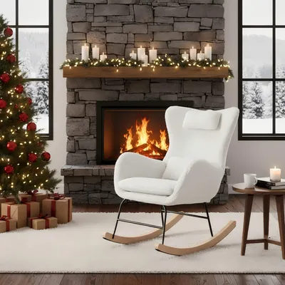 A cozy living room scene with a fireplace, Christmas tree, and a rocking chair.