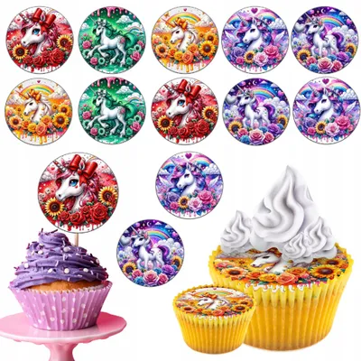 Zdjęcie produktu dla Opłatek Na Babeczki Muffinki Zestaw Na Urodziny 12Szt. - Jednorożec Unicorn
