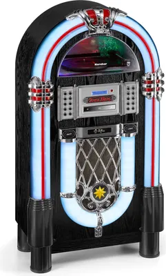 A vintage-style jukebox with lights and a display.