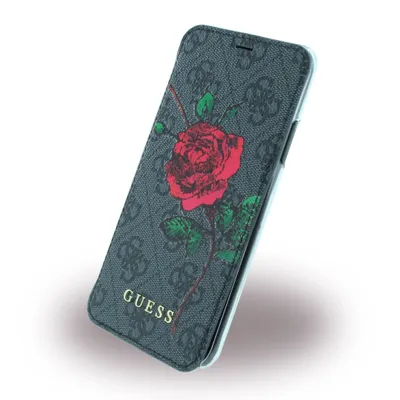 Zdjęcie produktu dla Etui na iPhone'a X Guess Bookcase z motywem kwiatowym Desire w kolorze różowym, szarym i czarnym