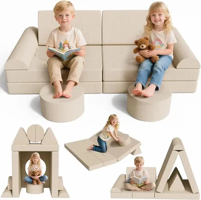 Produktbild von Spielsofa aus Cord - Modulares Kindersofa - Set 14-teilig - Polsterbausteine - Ausklappbar -  - 140x70x44 cm - Rosa