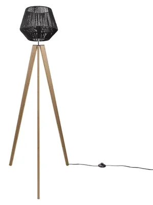 Produktbild von Stehlampe Modern Wohnzimmer Schlafzimmer Rattan Optik Boho Korb Stehleuchte E27 Lampenschirm Schwarz (Ø33 cm) Lampenfuß Stehleuchte Holz