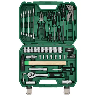 A green toolbox filled with various tools, including sockets, a hammer, pliers, and screwdrivers.