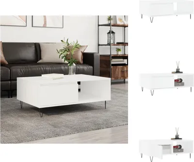 A living room scene with a couch and coffee table, and separate product shots of the coffee table.