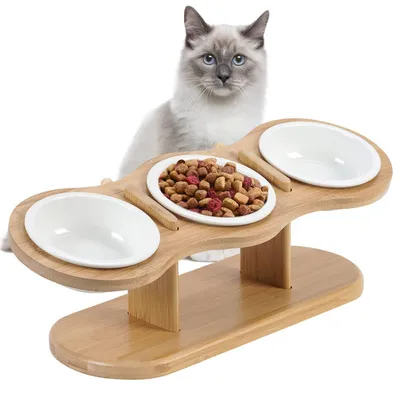 Immagine prodotto di Distributore di cibo per gatti, rialzato, con 3 ciotole in Vetroceramica, realizzato in bambù e acciaio inossidabile