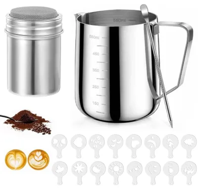 Milchschäumkanne 550 ml Edelstahl mit Messskala & Latte-Art-Set